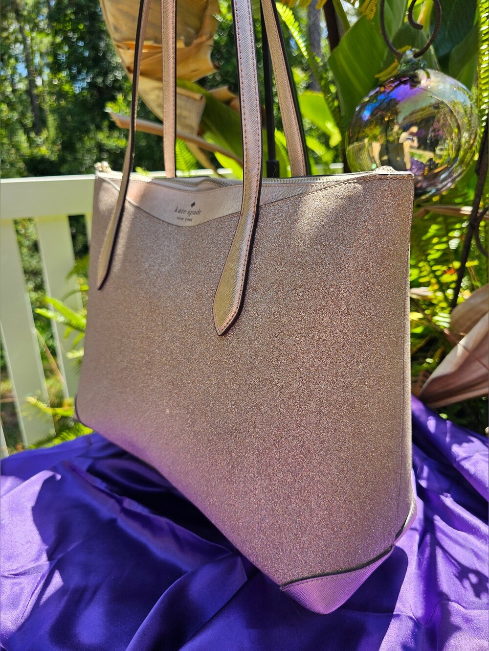 Kate Spade Shimmer Rose Gold Glitter Zip Top Tote Bag - Picture 2 of 12